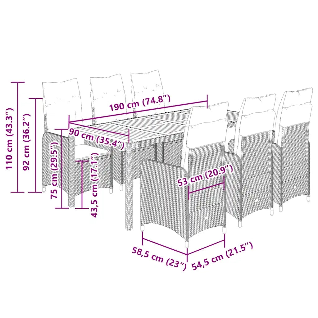 Set BistrÃ² da Giardino 9 pz con Cuscini in Polyrattan Nero