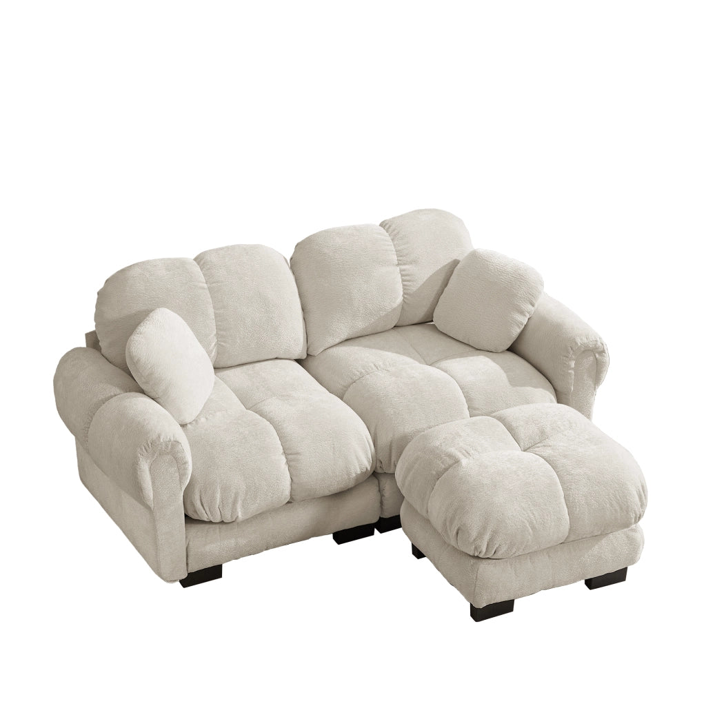 Divano angolare modulare 2 posti con chaise longue mobile e cuscini trapuntati in ciniglia beige chiaro