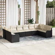 Set di divani da giardino di 10 pezzi con cuscini in polirattan nero