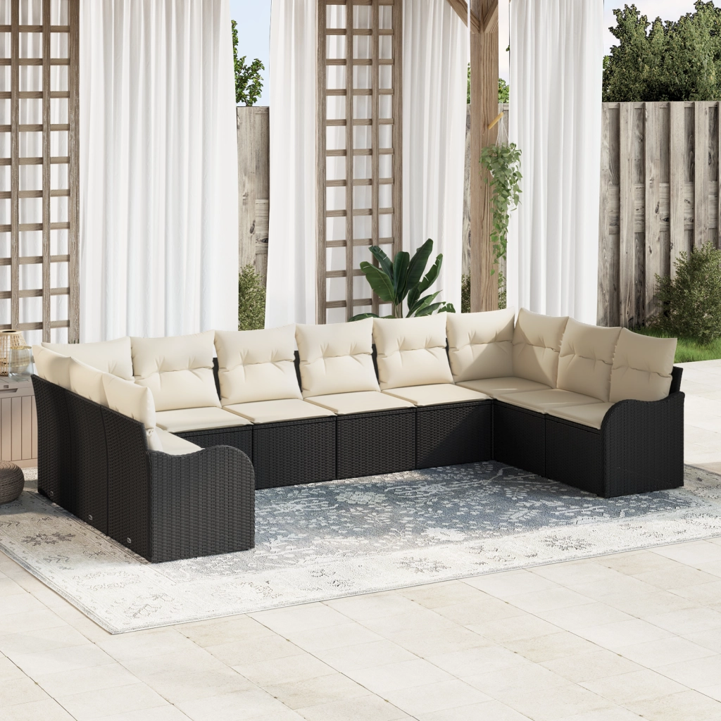 Set di divani da giardino di 10 pezzi con cuscini in polirattan nero