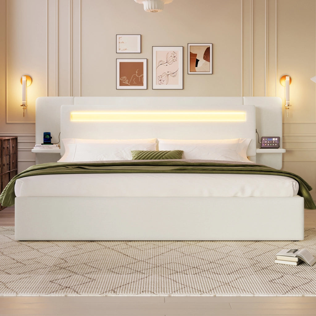 Letto imbottito 180x200 cm in lino beige con contenitore; LED multicolore e presa USB