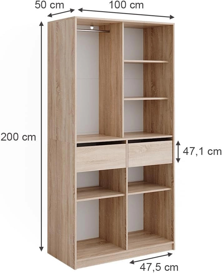 Armadio Elmo, Sonoma, 100 x 200 cm con 2 cassetti, per una conservazione flessibile di diversi capi di abbigliamento