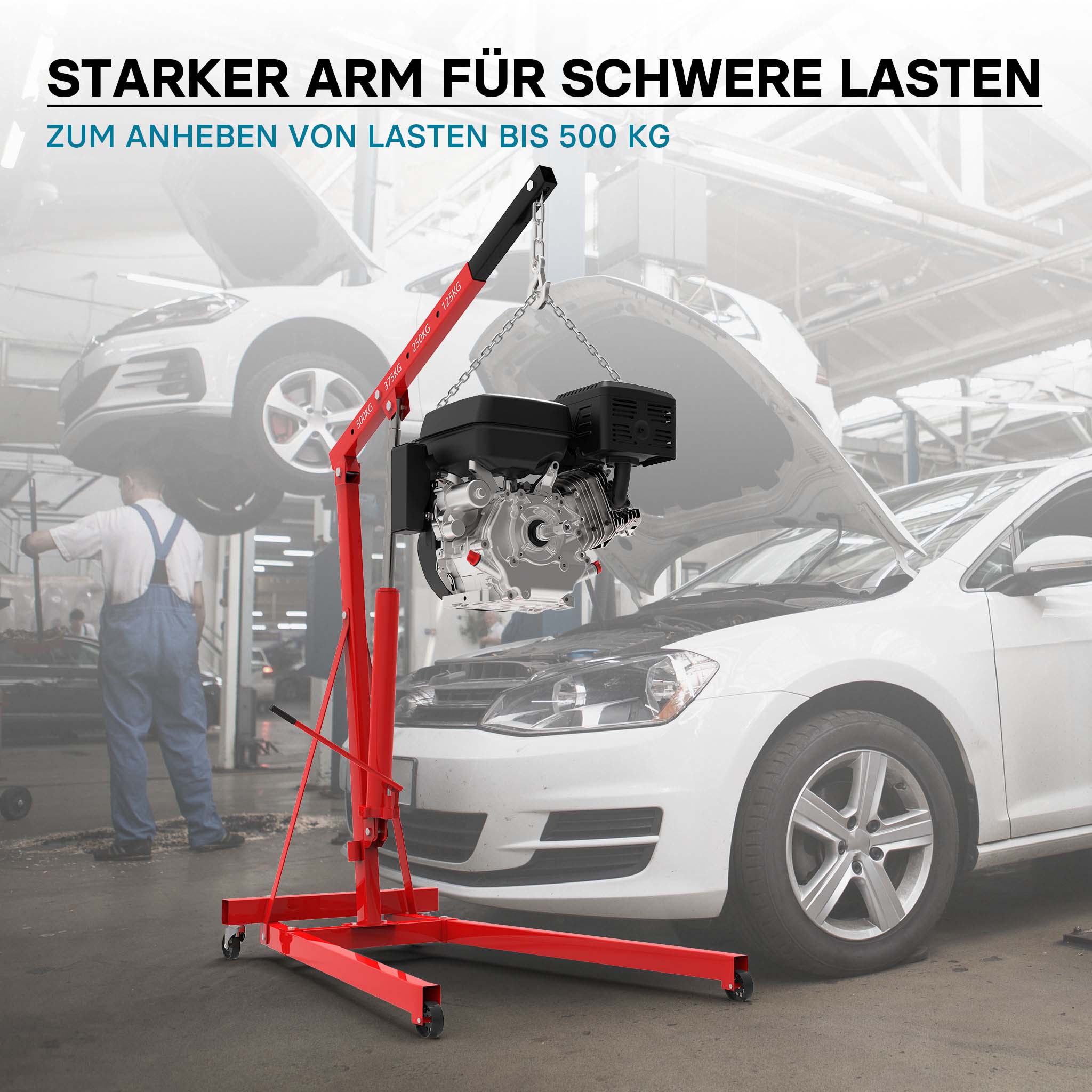 gruetta idraulica da officina per sollevamento motori, gru manuale pieghevole con braccio regolabile, carico max 500kg