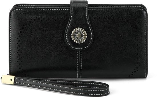 Portafoglio grande per donna in pelle vera, portafoglio con più tasche, portafoglio lungo per donna, nero.