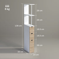 Mobile Colonna Bagno Salvaspazio  15x33x136 cm con Armadietto e Ripiani Legno e Bianco