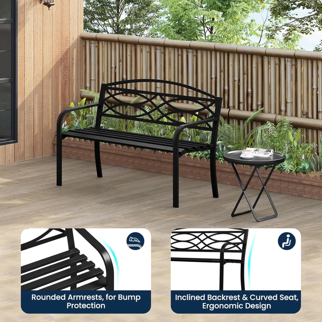 Panchina da Giardino in Metallo, Panchina da Esterno per 2 o 3 Persone, con Schienale e Braccioli, Panca per Patio Parco Terrazzo, 127x59,5x83cm, Nero