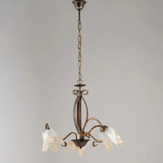 Lampadario in ferro Marrone Oro tre luci paralumi in vetro Bianco Ambra 51x h43 cm