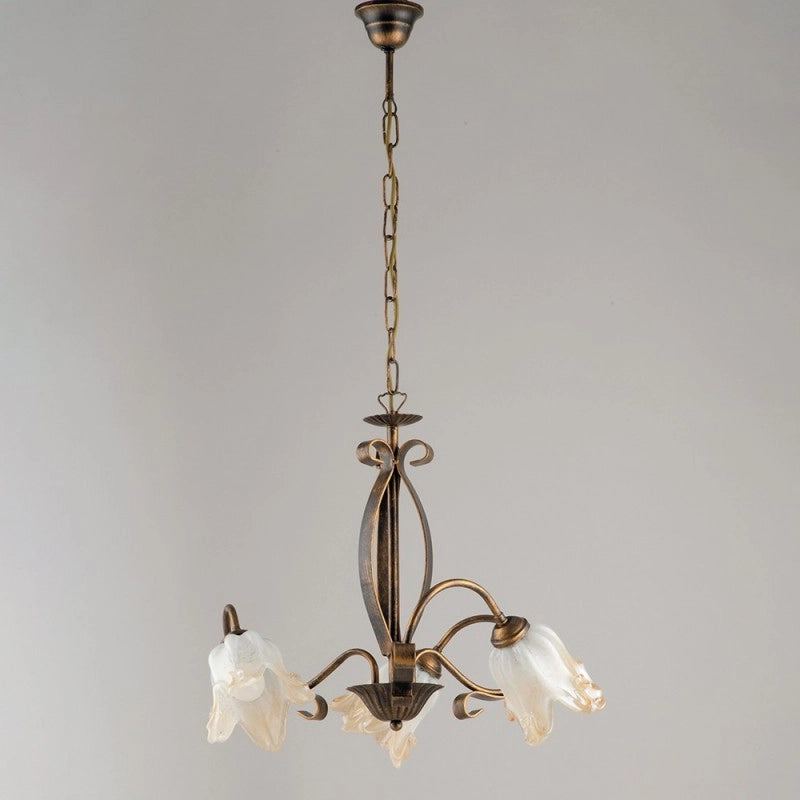 Lampadario in ferro Marrone Oro tre luci paralumi in vetro Bianco Ambra 51x h43 cm