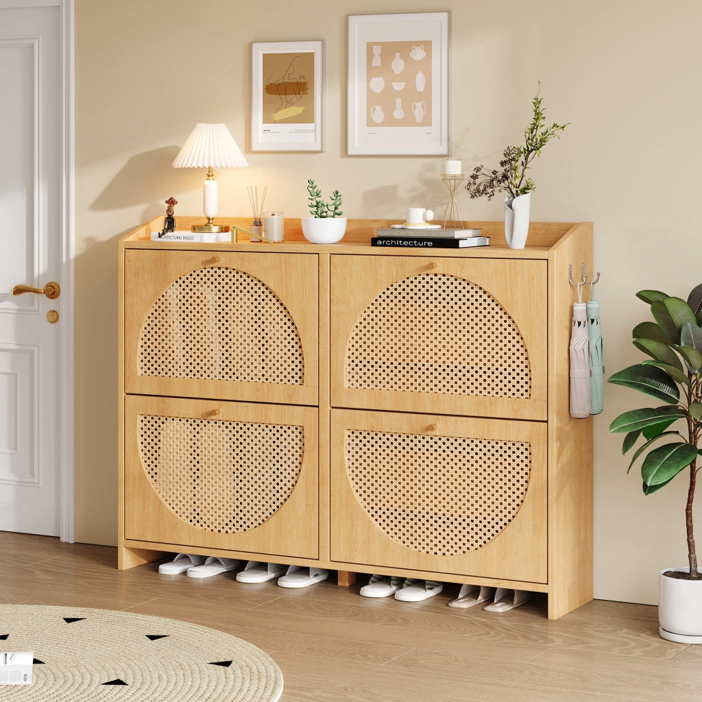 Scarpiera con 4 ante a ribalta; 8 scomparti e 2 ganci; per ingresso; in MDF; naturale; 120 × 24 × 90 cm