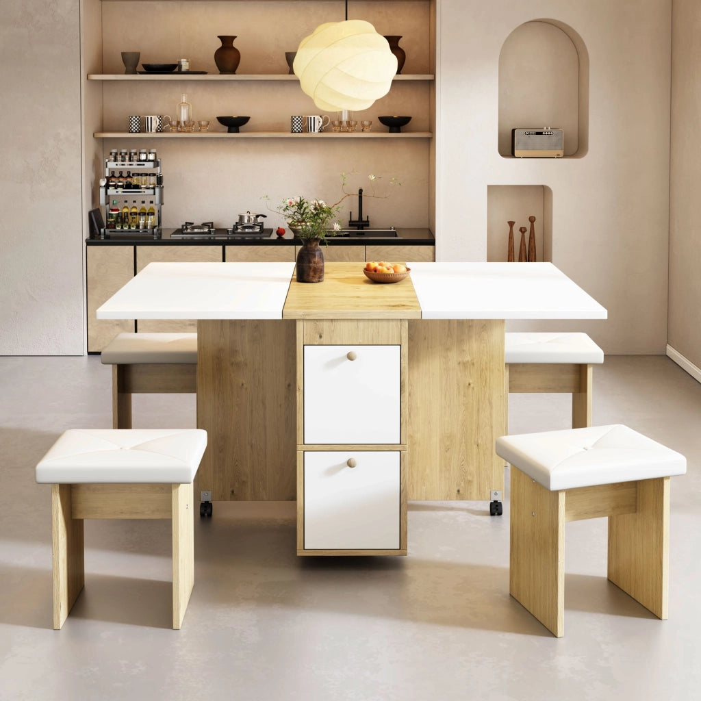 Set tavolo da pranzo con 4 sedie; tavolo pieghevole e allungabile 120x80x75 cm multifunzione; bianco e rovere