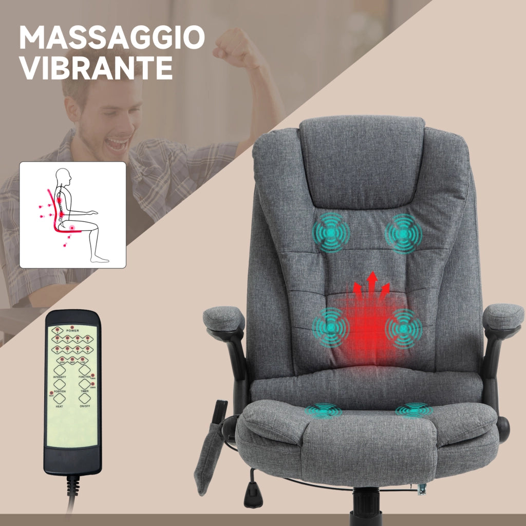 EasyComfort Sedia da Ufficio Massaggiante a 6 Punti Vibrante con Funzione Dondolo e Riscaldata, Poltrona Ufficio Reclinabile con Altezza Regolabile, Telecomando e Tasca Laterale in Tessuto, Grigio
