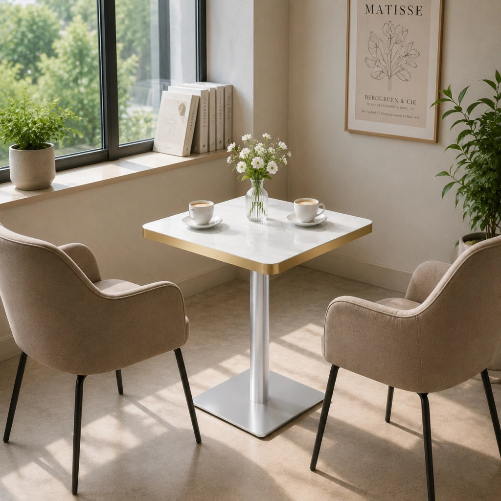 Tavolo quadrato con piano effetto marmo e bordo dorato, per 2-4 persone, in MDF e metallo, bianco, 60 × 60 × 74 cm