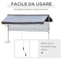 Tenda da Sole a Caduta Autoportante, Apertura con Manovella e Inclinazione Regolabile, 300x295cm, Grigio
