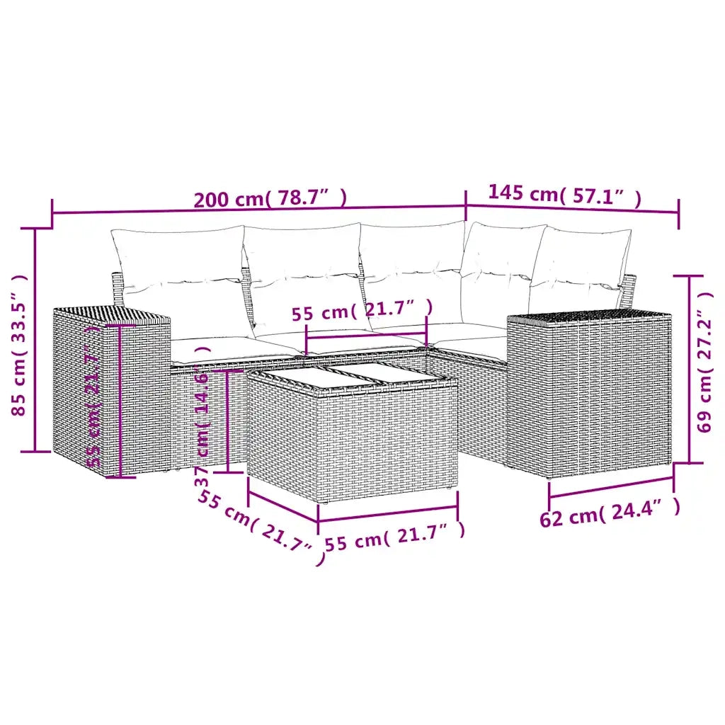 Set Divano da Giardino 5pz | Set Salotto da Giardino con Cuscini Grigio Chiaro Polyrattan