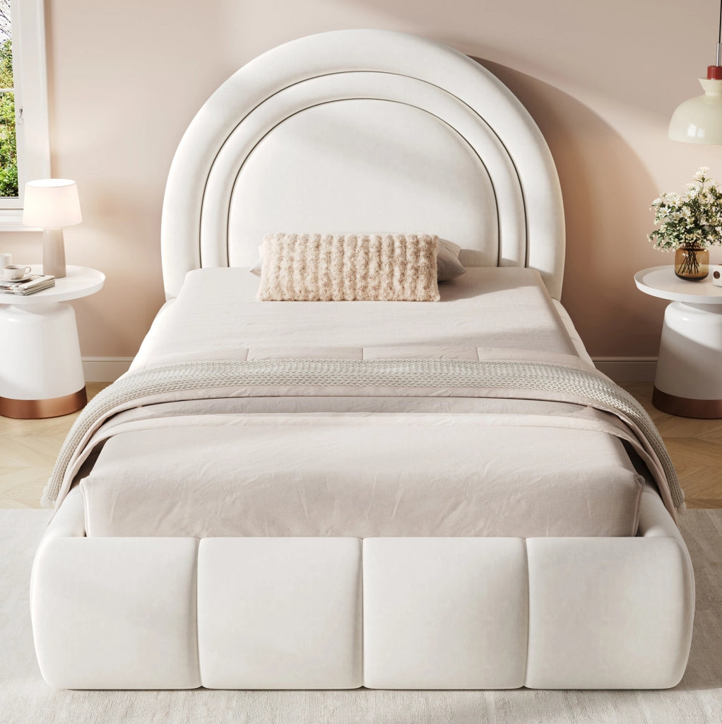 Letto singolo per bambini 90x200 cm con contenitore e rete a doghe; velluto beige