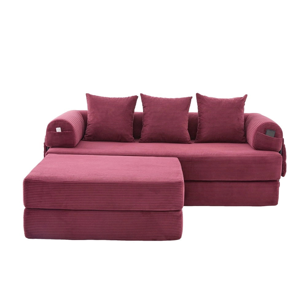 Divano imbottito con poggiapiedi ¨C Minimal ¨C velluto bordeaux, metallo, con cuscini, 3 posti