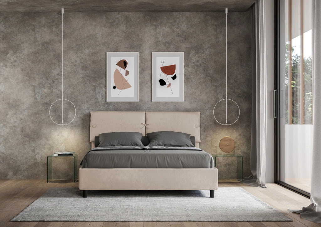 BS COM Letto matrimoniale contenitore imbottito 160x210 microfibra sabbia