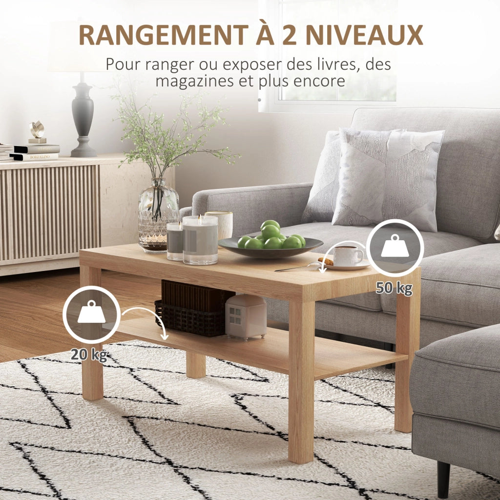 Tavolino da salotto a 2 livelli con ripiano ¨C zephmum ¨C 90x45x44.5cm legno naturale