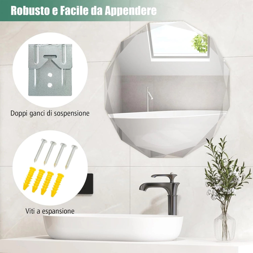 Specchio per Bagno 76 cm, Specchio da Parete Argento Lucidato, Senza Cornice, Specchio Rotondo di Design Irregolare Antiesplosione per Bagno Soggiorno Camera da Letto, IP44