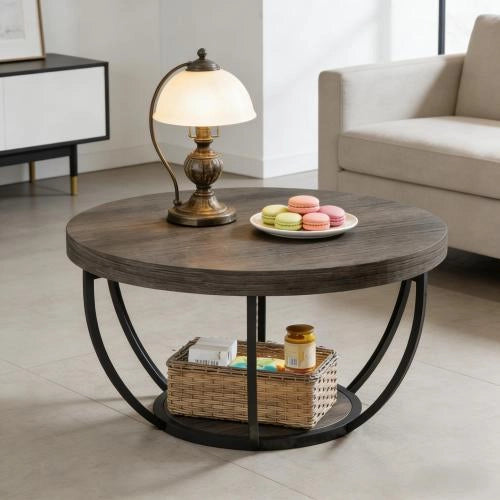 Tavolino da caffè con 2 ripiani - per soggiorno - in metallo e legno - grigio - 89×86.5×10.5 cm