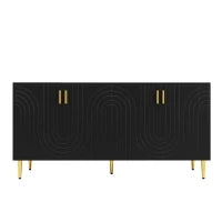 Credenza Moderna con Design a Onde, 4 Ante e 2 Cassetti, Manici e Piedi Dorati, per Soggiorno e Cucina, 152x40x75 cm, Nero