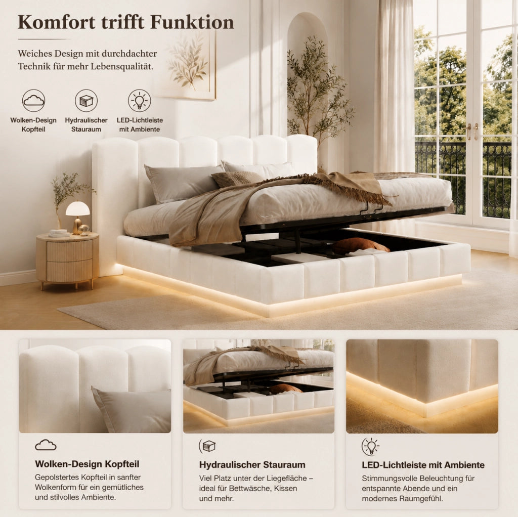 Letto matrimoniale contenitore idraulico 180x200 cm con LED; rete a doghe; bouclé bianco