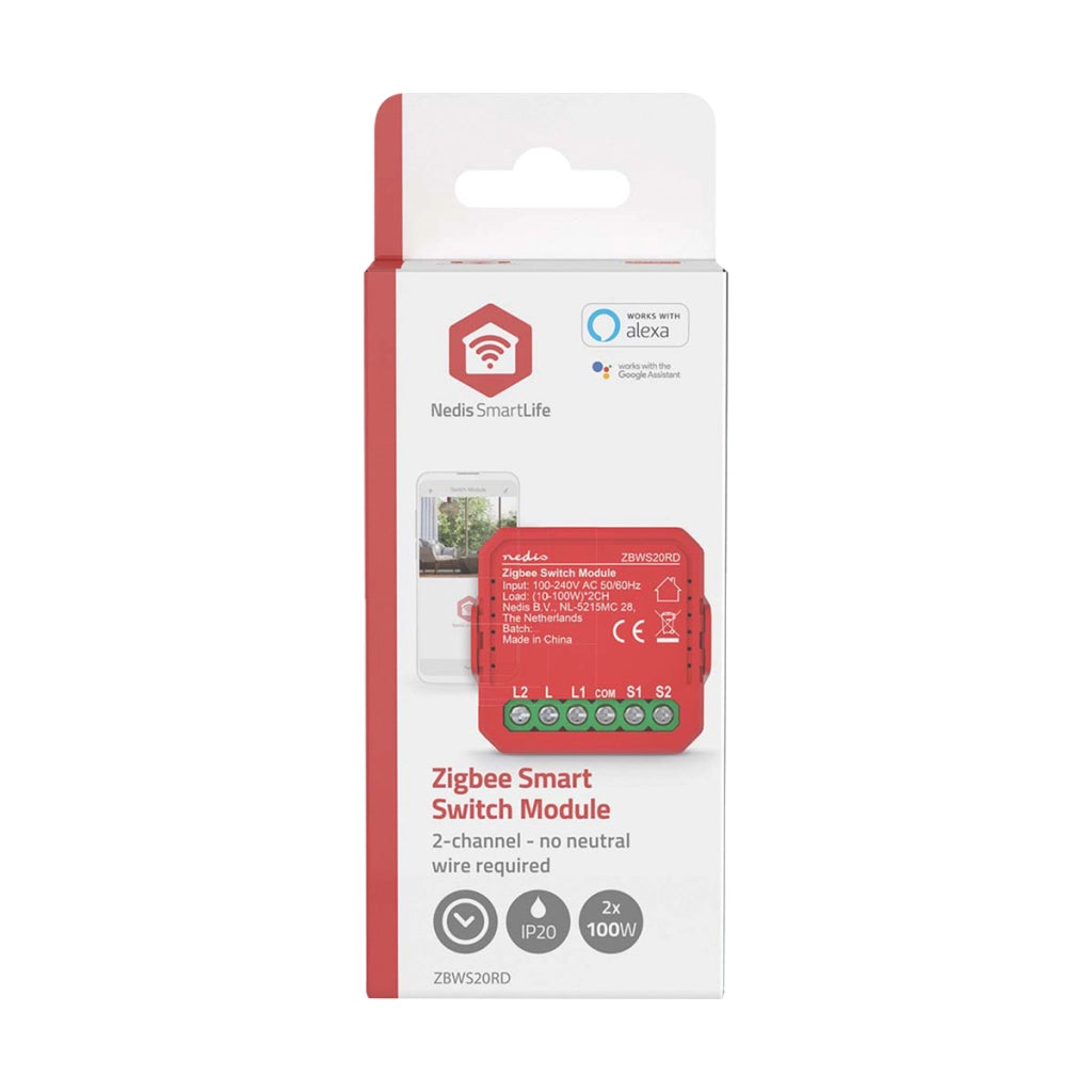 Interruttore Connesso Zigbee 3.0 Doppio 2x100W senza Neutro Vocale Rosso Nedis