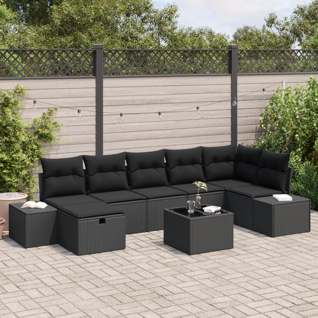 Set di divani da giardino a 8 pezzi con cuscini neri in polyrattan