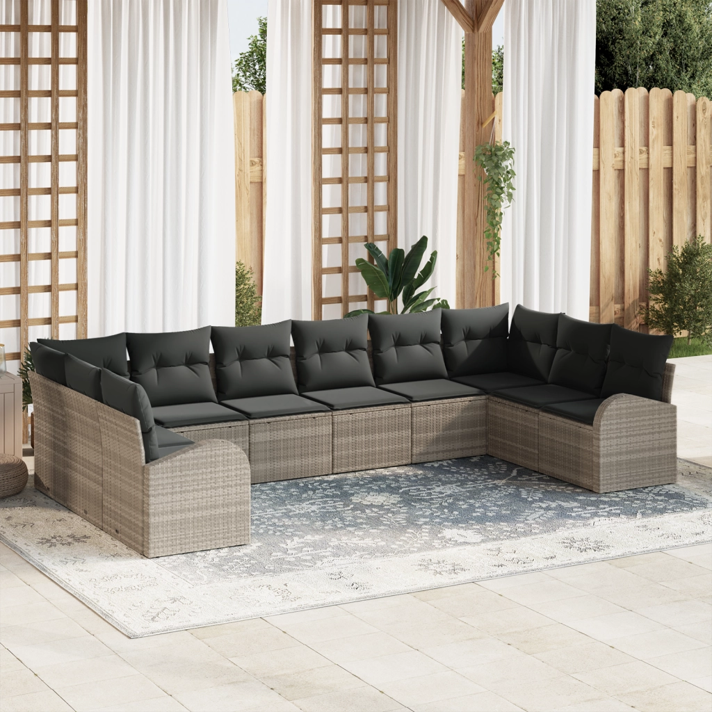 Set divani giardino  10 pezzi con cuscini grigio chiaro polyrattan