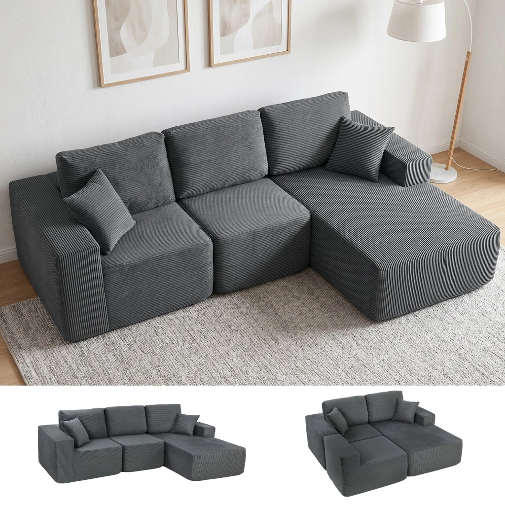 Divano letto angolare L con cuscini, imbottito, braccioli larghi, seduta profonda ¨C zephmum ¨C grigio scuro
