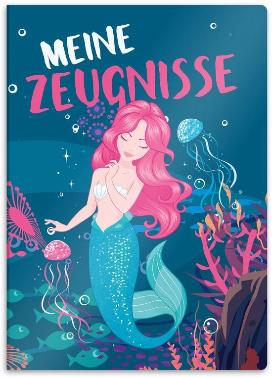 Certificati in cartellina con tema DIN A4, cartellina per certificati - 20 inserti robusti - per bambini, ragazzi, studenti, ragazze, ragazzi (tema sirena del mare)