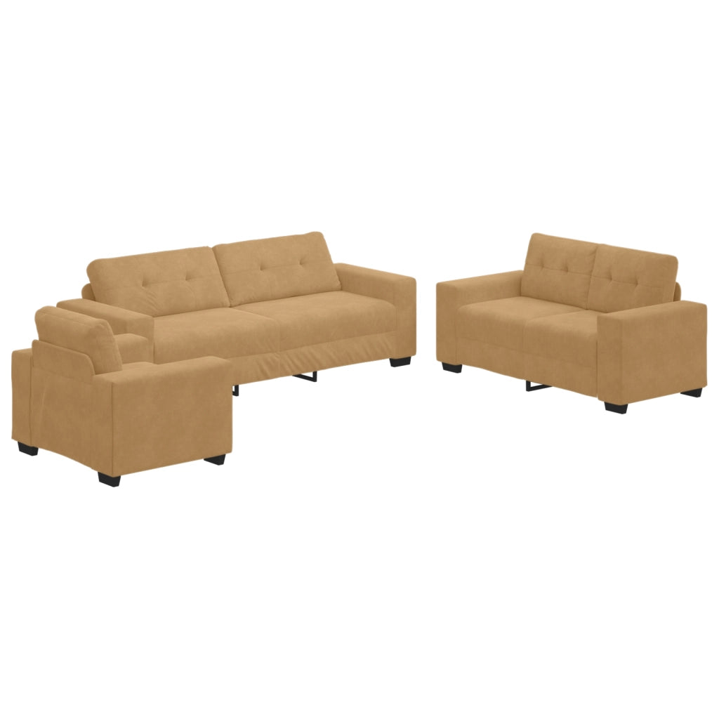 Set divano 3 pezzi con cuscini in velluto marrone