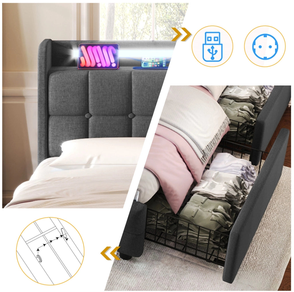 Letto matrimoniale 140x200 cm con USB; prese elettriche; LED e 4 cassetti; grigio