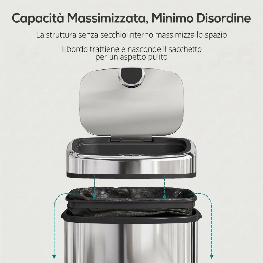 Pattumiera con Sensore a Infrarossi 40,5x29,5x58 cm Capacità da 50L con 2 Modalità di Apertura in Acciaio Inox Argento