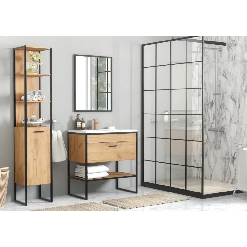 Colonna da bagno ONIL – 2 porte – Rovere chiaro e nero – Stile industriale – H185 cm
