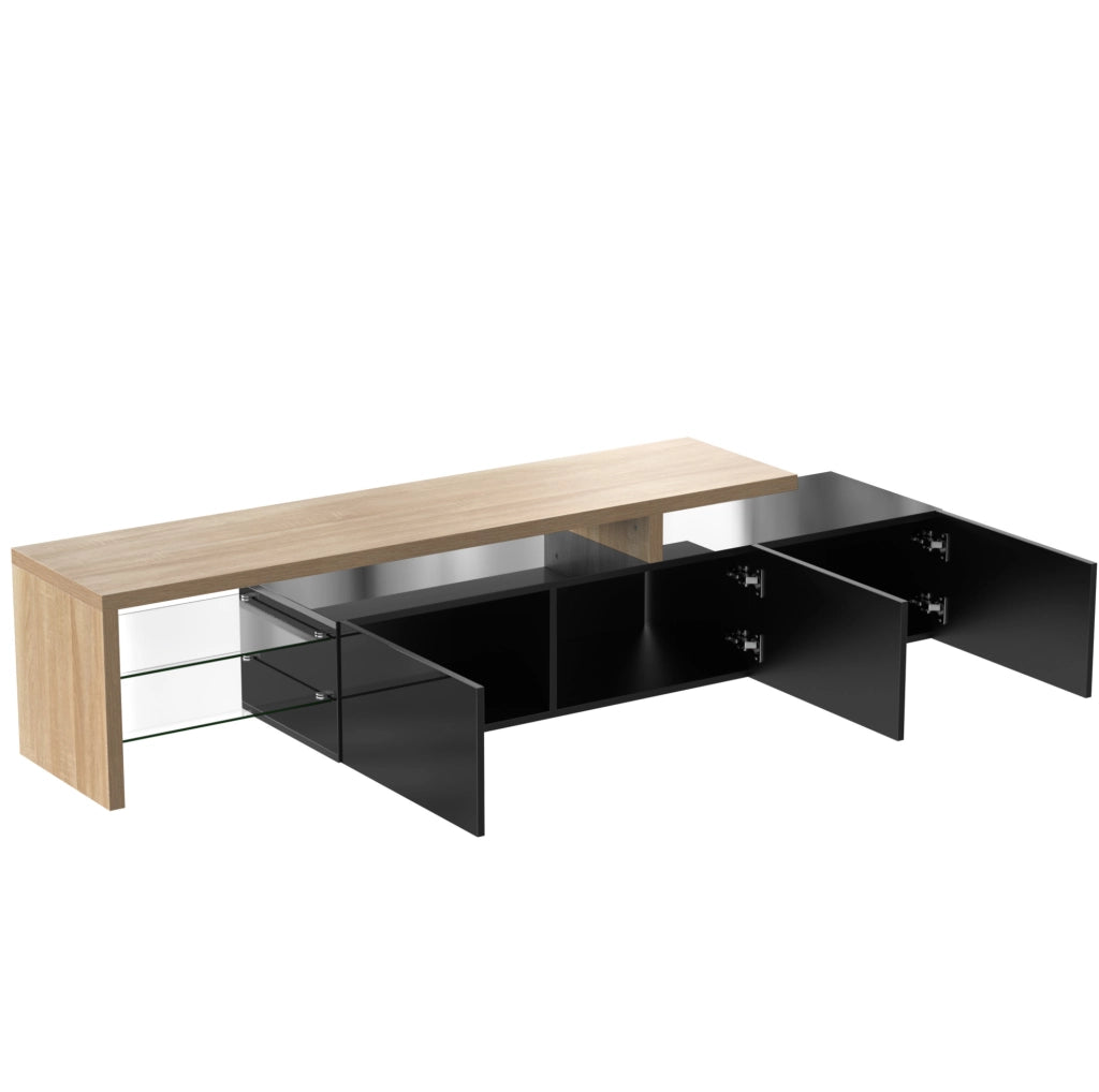 Mobile TV 197;5 cm in MDF e vetro; 3 scomparti; LED a 7 colori con app; nero e legno