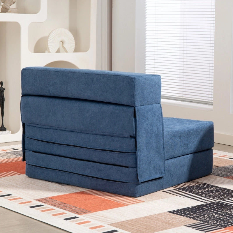 Poltrona letto 3 in 1 pieghevole blu con cuscino, trasformabile in chaise longue e materasso per piccoli spazi