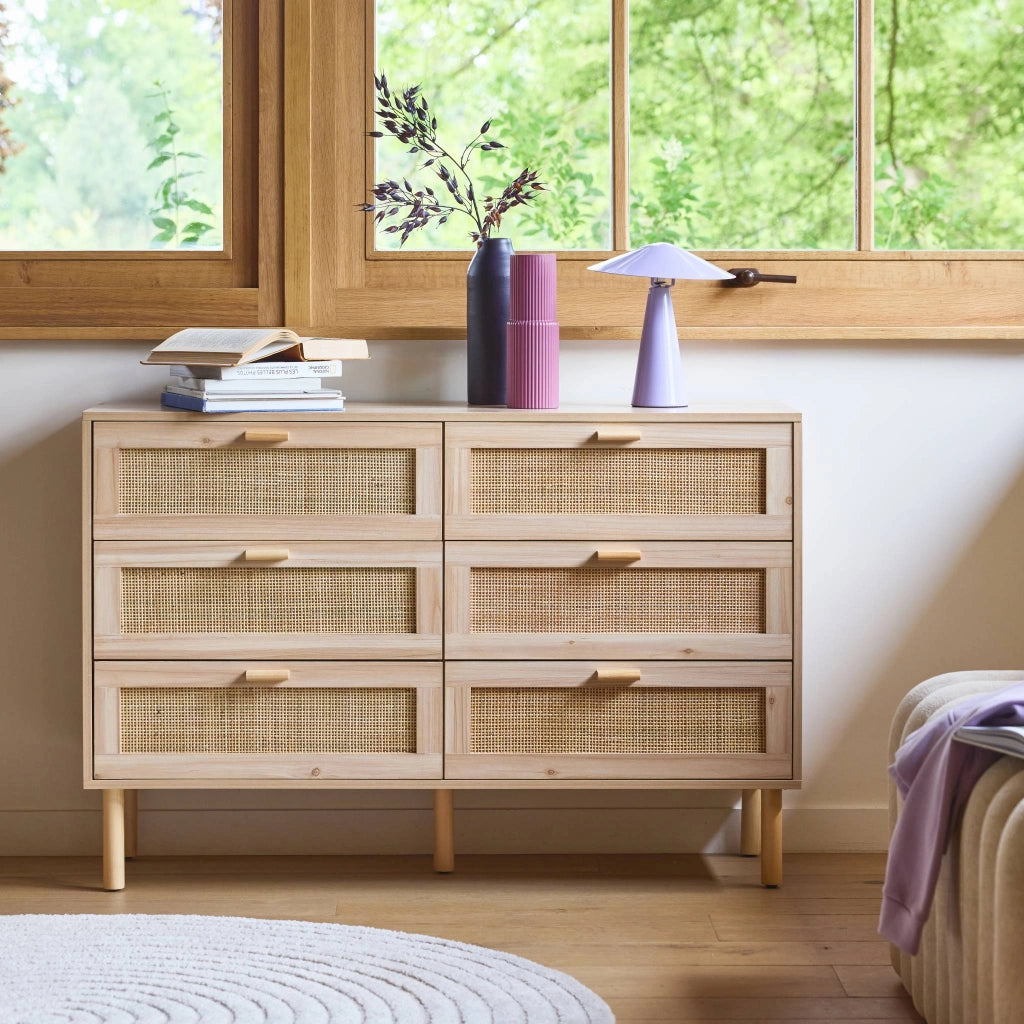 Cassettone con effetto canna e legno a 6 cassetti