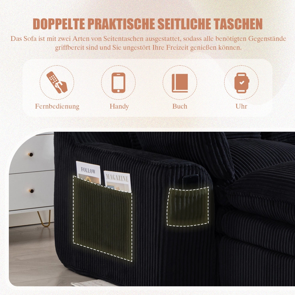 Divano modulare 4 posti in velluto a coste con cuscini e tasche laterali per soggiorno, nero 335 × 167 × 85 cm