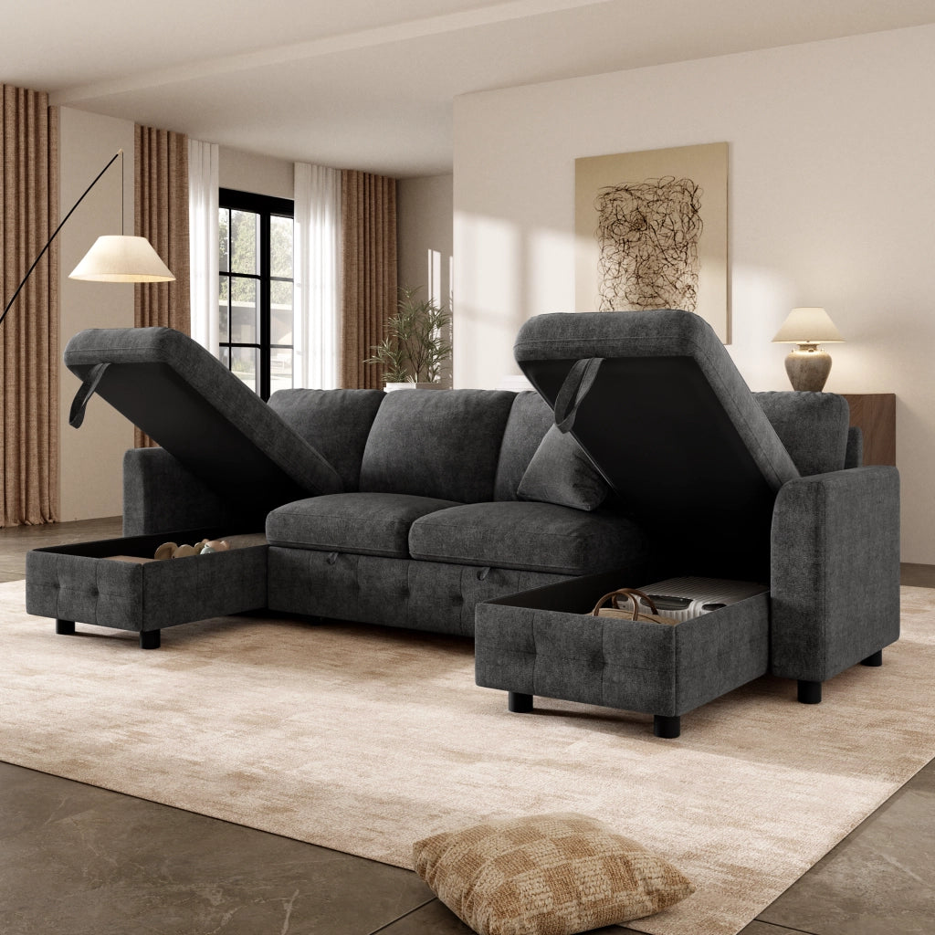 Divano angolare convertibile in chenille con funzione letto, contenitore, USB e tipo C, grigio scuro 260 × 128 × 82 cm