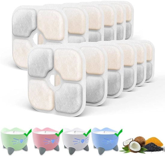 12 pezzi di filtro per beccuccio con guscio di cocco e carbone attivo per alimentatore per gatti con filtro di cotone.