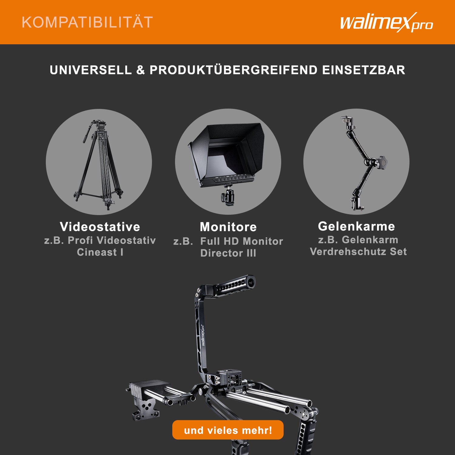 Camera rig modulare Mutabilis per setup fotografia professionale - in alluminio aeronautico - incl. spallacci, maniglia superiore, base e accessori - cage per corpo macchina