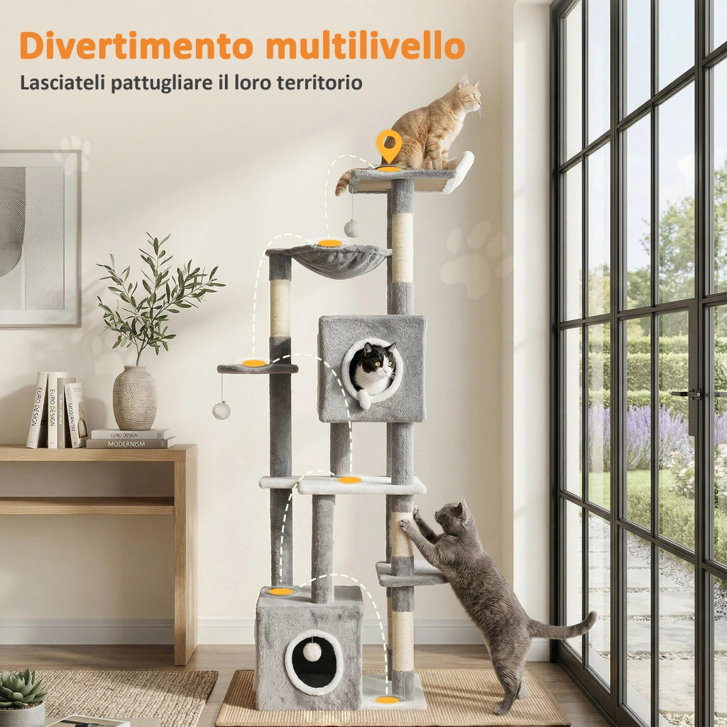 Albero Tiragraffi per Gatti con Casette e Palline ¨C zephmum ¨C Grigio e Bianco 48x40x165 cm