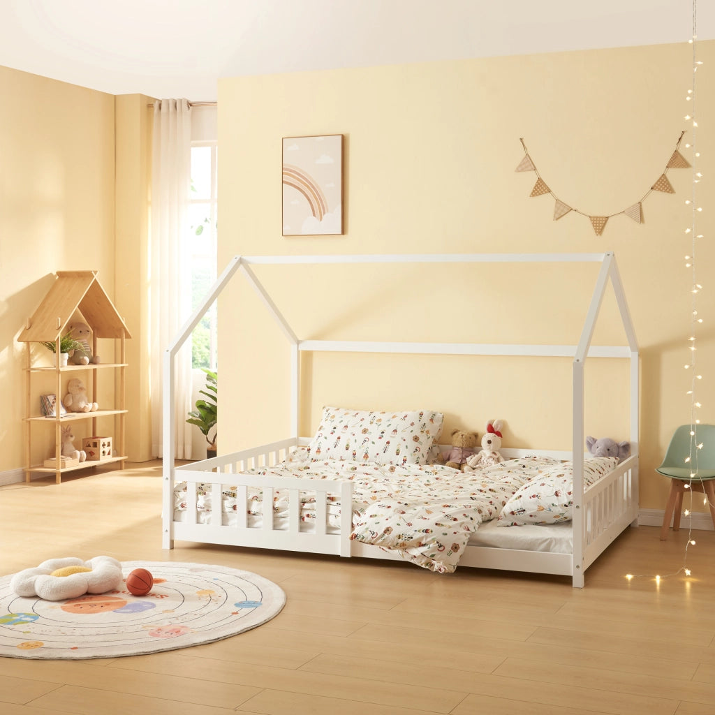 Letto Piazza e Mezza Hesel per Cameretta a Forma di Casetta 120 x 200 cm Bianco [en.casa]