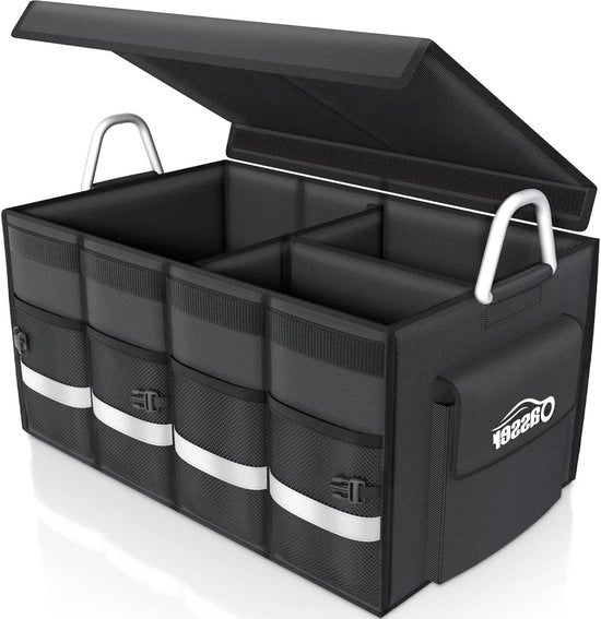 Organizzatore di bagagliaio con coperchio organizzatore di bagagliaio auto organizzatore di cassa auto pratico impermeabile antiscivolo pieghevole con maniglie in alluminio strisce riflettenti