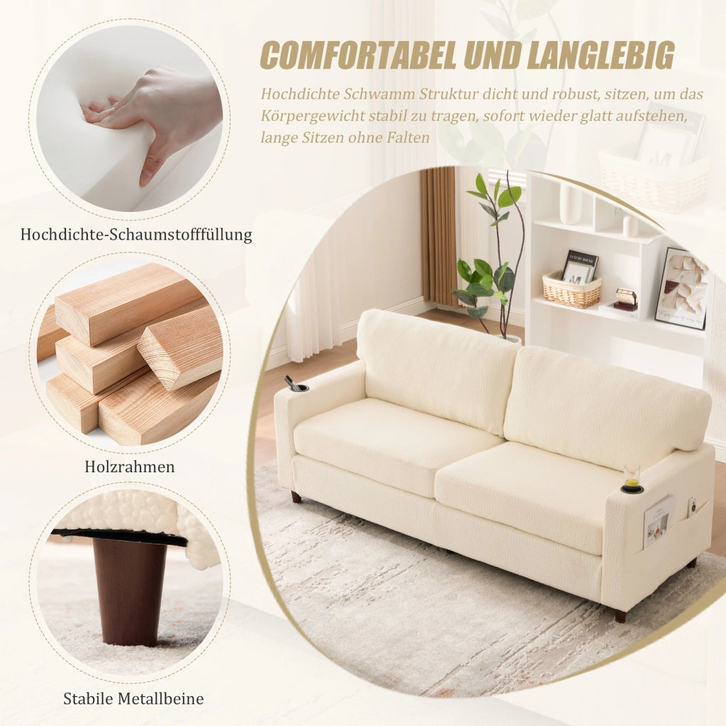 Divano dritto 2 posti con USB-C, LED, portabicchieri e tasche laterali, in Chenille Beige