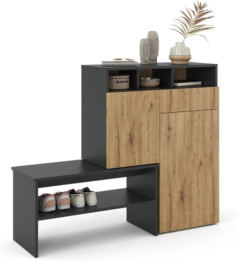 Mobile porta scarpe Selena, Grigio, 124.5 x 102 cm, con seduta e superfici d’appoggio variabili