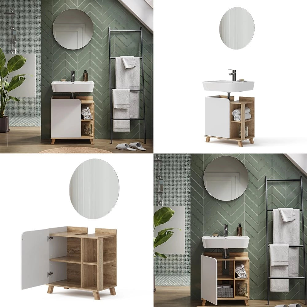 Set di mobili da bagno Karen, Sonoma/Bianco, 60 cm, composto da specchio da bagno e mobile sottolavabo