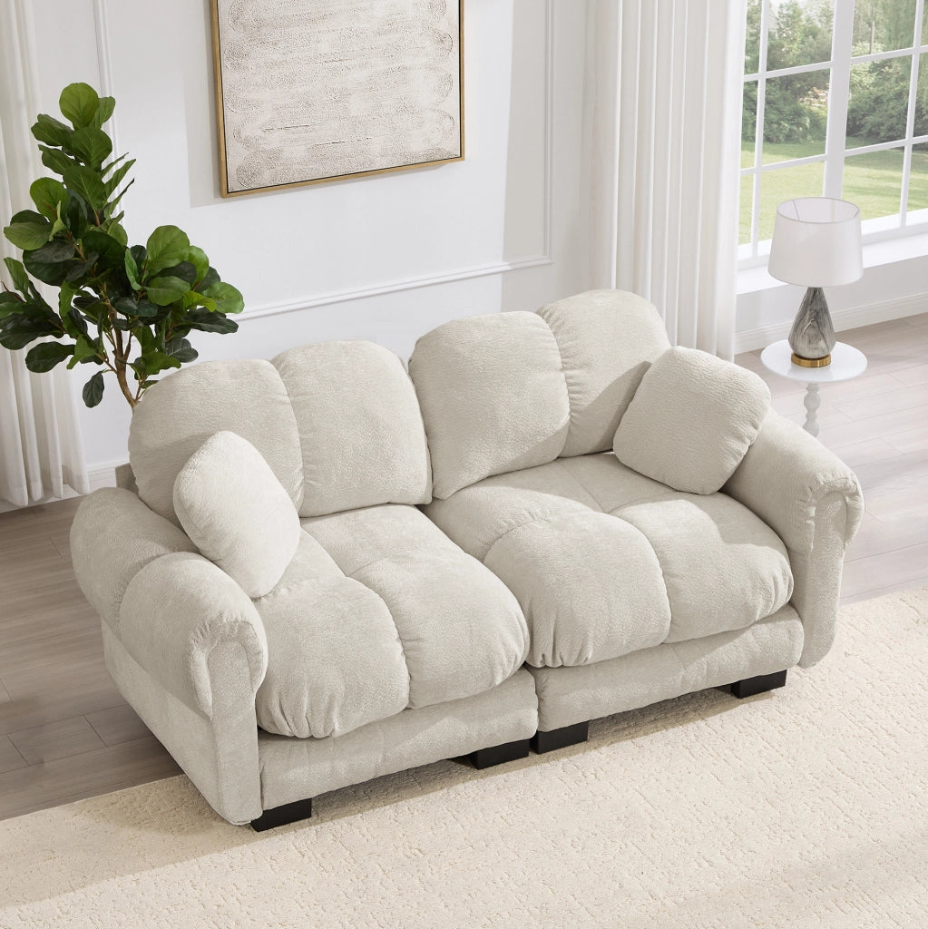 Divano modulare in chenille con cuciture trapuntate 190x86x90 cm; cachi chiaro