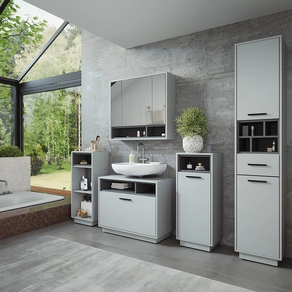 Set di mobili da bagno Beatrice, Grigio/antracite, 80 cm, composto da mobile sottolavabo, specchiera e colonna alta